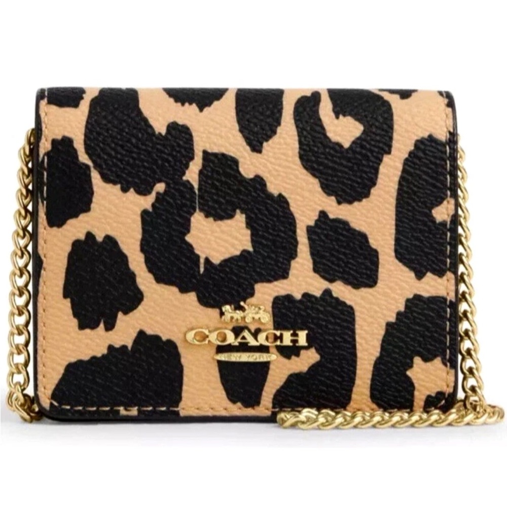 Coach Leopard Print Card Case Wallet with Gold Chain